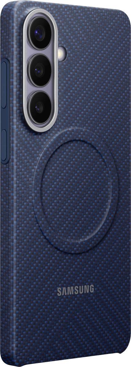 Ein dunkelblauer Samsung-Handyhülle mit strukturiertem Design und kreisförmigem Muster auf der Rückseite, konzipiert für ein Smartphone mit Dreifach-Kamera.