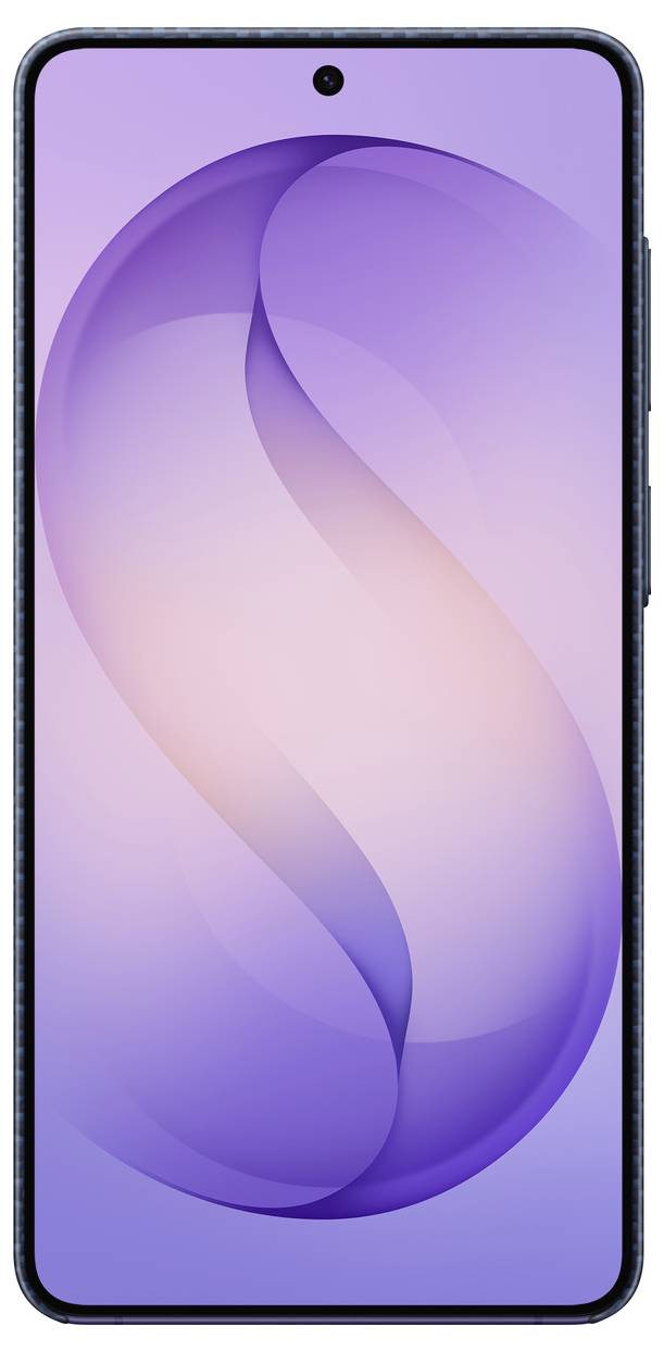 Smartphone-Vorderansicht, Display eingeschaltet, mit einem Farbverlauf aus Violett und Pfirsich im Hintergrund und einer gekrümmten 'S'-Form. Keine Symbole oder Text sichtbar.