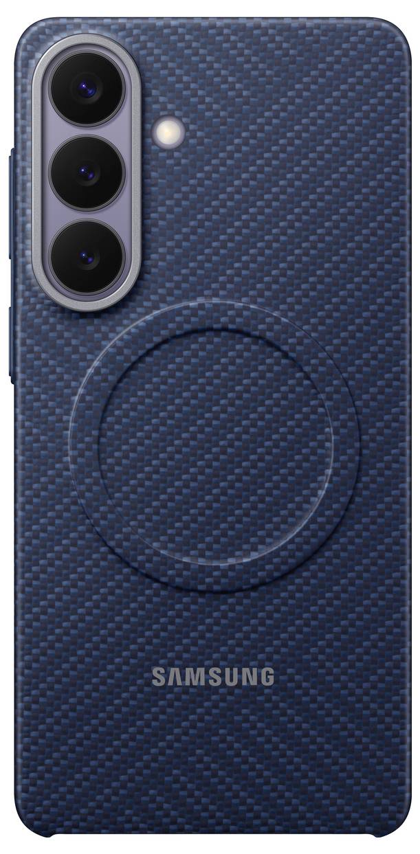 Eine Samsung-Handyhülle mit blauem strukturiertem Muster, die drei Kameraobjektive und ein erhobenes Kreisdesign in der Mitte aufweist.