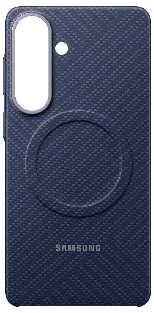 Schutzhülle für Samsung Galaxy in Blau mit strukturiertem Design, Kreismuster, Kameraaussparung und zentriertem Logo am unteren Rand.