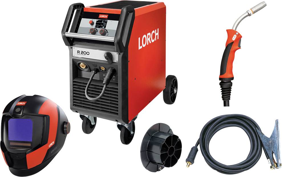 „MIG-Schweißgerätesatz einschließlich Lorch R 200 Schweißgerät, Schweißhelm, Brenner, Spulendadapter, Kabel und Klemme. Essenzielle Schweißwerkzeuge.