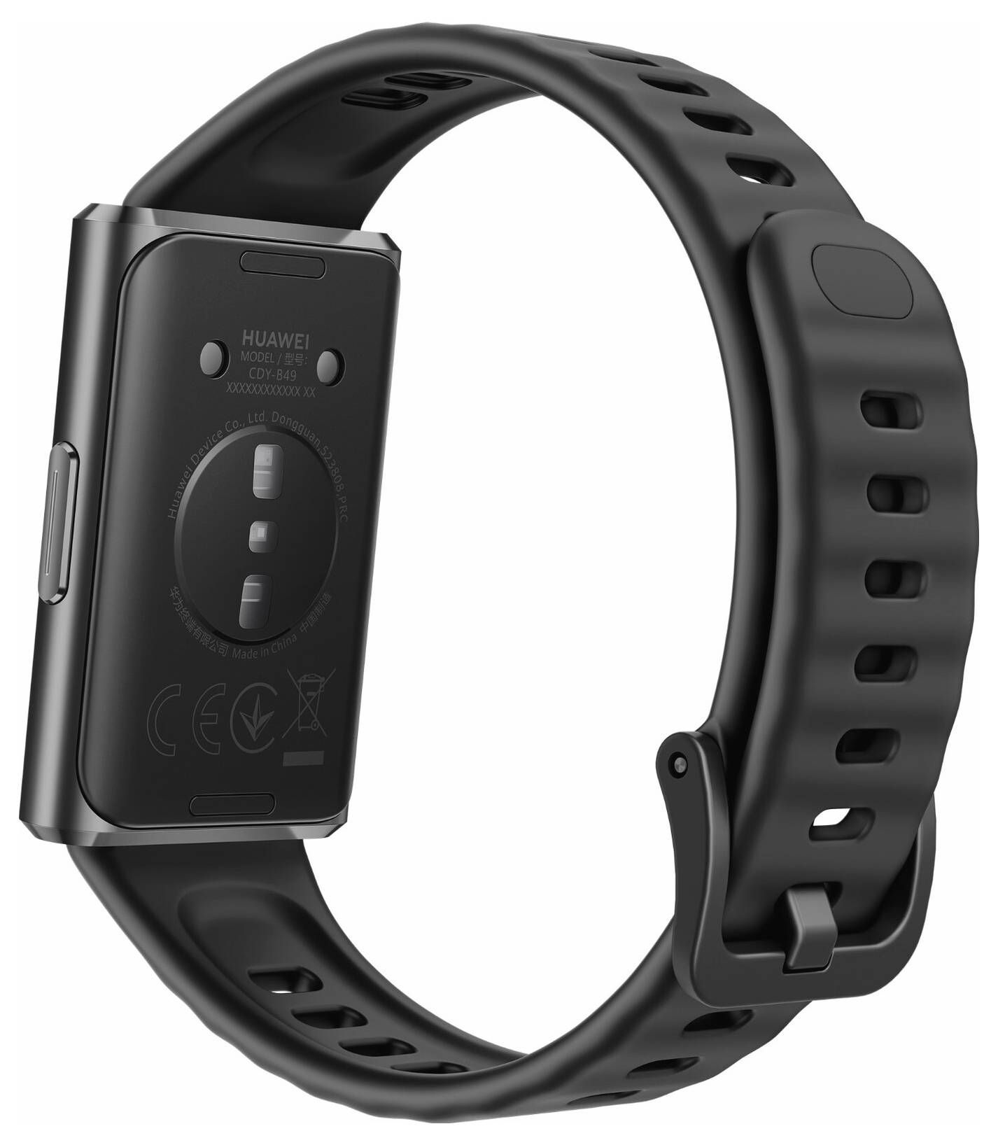 Eine schwarze Smartwatch mit Gummiarmband, die Rückseite und Herzfrequenzsensoren zeigend. Die Uhr hat ein schlankes, modernes Design.
