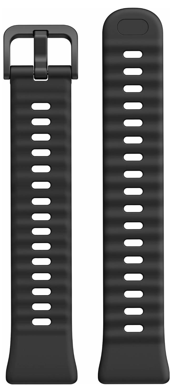 Ein schwarzes Uhrenarmband mit einer Schließe und mehreren Löchern für verstellbare Größeneinstellung.