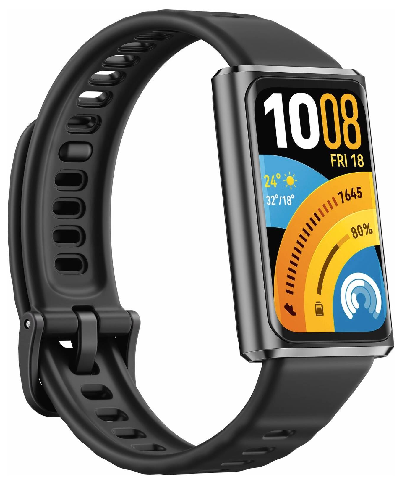 Eine schwarze Smartwatch zeigt die Zeit 