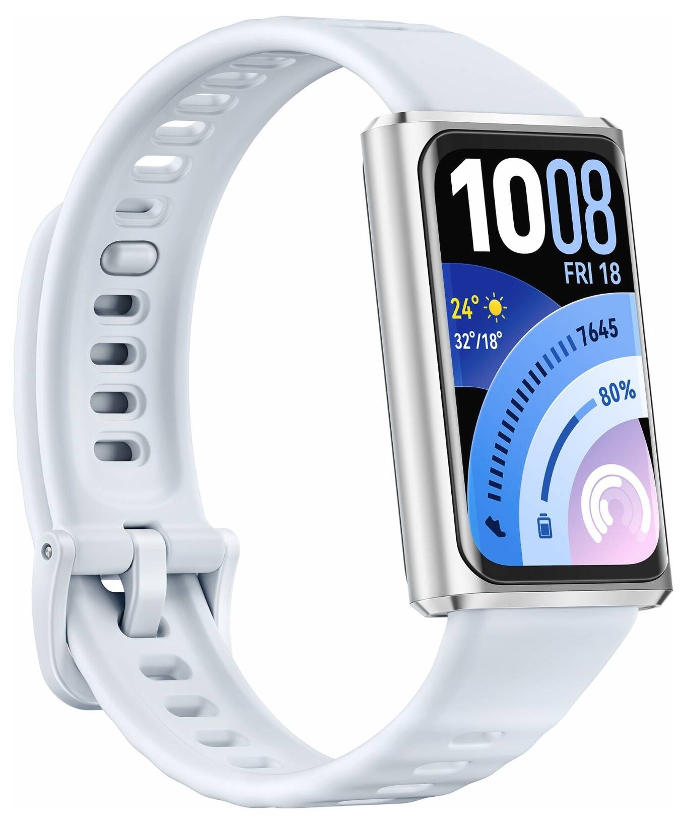 Smartwatch mit hellblauem Armband, zeigt Zeit, Datum, Wetter, Herzfrequenz und Aktivitätsfortschritt auf dem Display an.