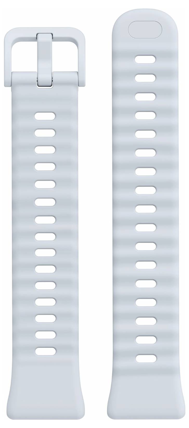 Zwei hellgraue Uhrenarmbänder mit mehreren Verstelllöchern nebeneinander.