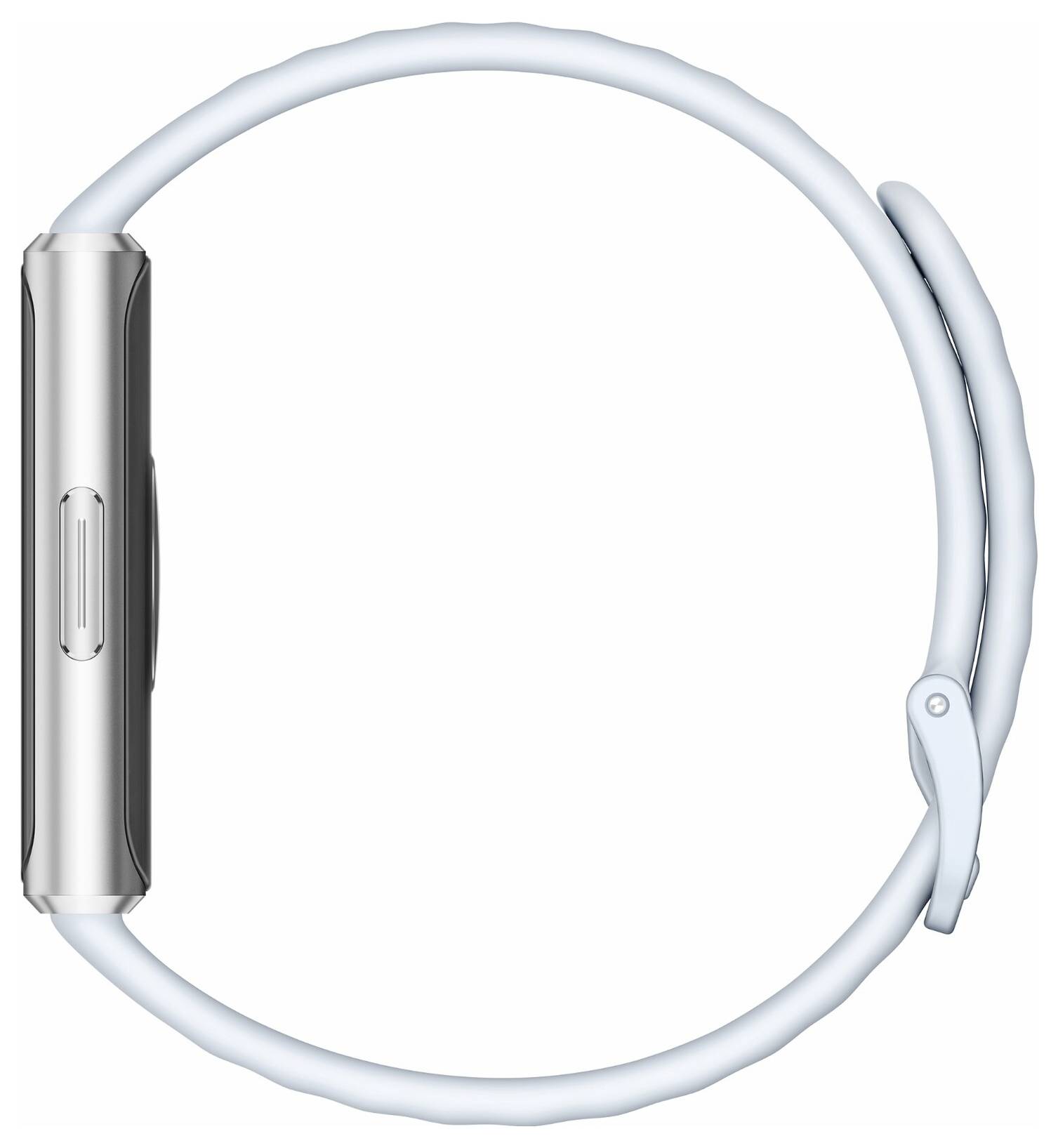 Eine Smartwatch von der Seite gezeigt, die sein Armband und Metallgehäuse mit sichtbarem Kronenknopf zeigt.