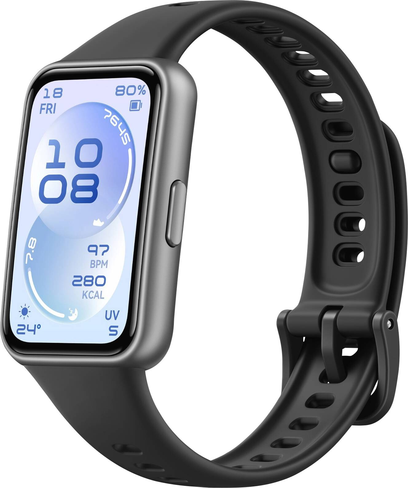 Eine Smartwatch mit einem rechteckigen Display zeigt das Datum, die Uhrzeit, die Herzfrequenz (97 BPM) und die verbrannten Kalorien (280 KCAL) an. Das Armband ist schwarz.