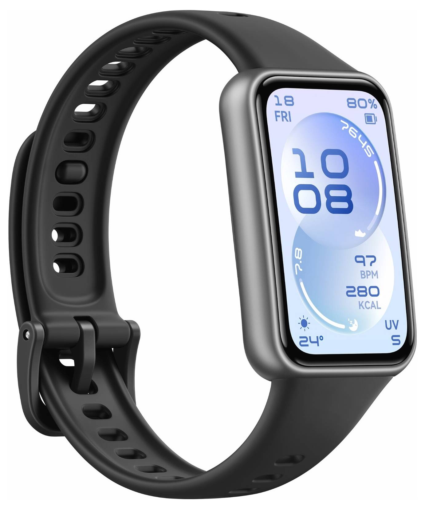 Smartwatch mit schwarzem Armband zeigt die Zeit '10:08', Datum '18 FRI', Herzfrequenz '97 BPM', Kalorien '280 KCAL', Temperatur '24°C'.
