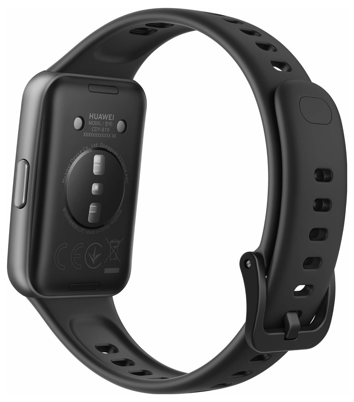 Eine schwarze Smartwatch, die die Rückseite mit Herzfrequenzsensor, Seitentaste und verstellbarem Armband zeigt.