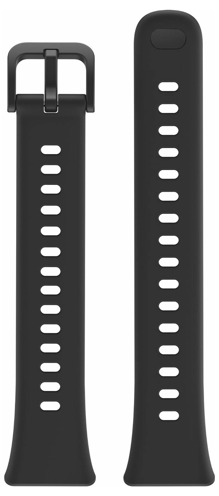 Schwarzes verstellbares Silikon-Uhrenarmband mit Löchern zur Größeneinstellung und einer Metallschnalle, entwickelt um verschiedene Handgelenkgrößen zu passen.