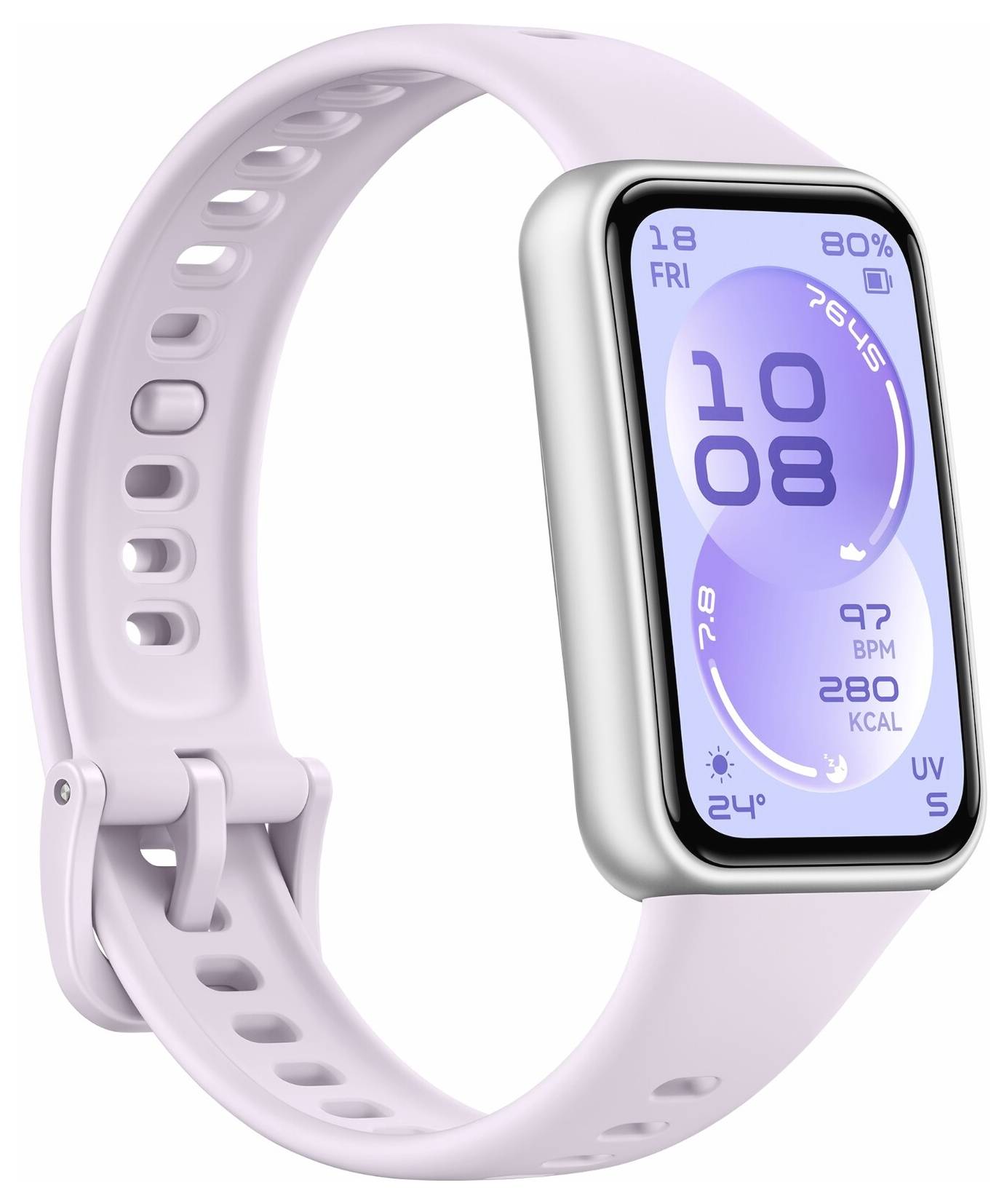 Eine Smartwatch mit einem rosa Armband zeigt die Uhrzeit '10:08', Herzfrequenz '97 BPM', Kalorien '280 Kcal', Datum '18, Fr' und einen UV-Index von 5 an.