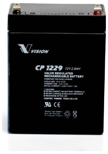 Eine schwarze rechteckige Ventilbatterie zum Aufladen mit weißem Text „CP 1229 12V 2,9Ah