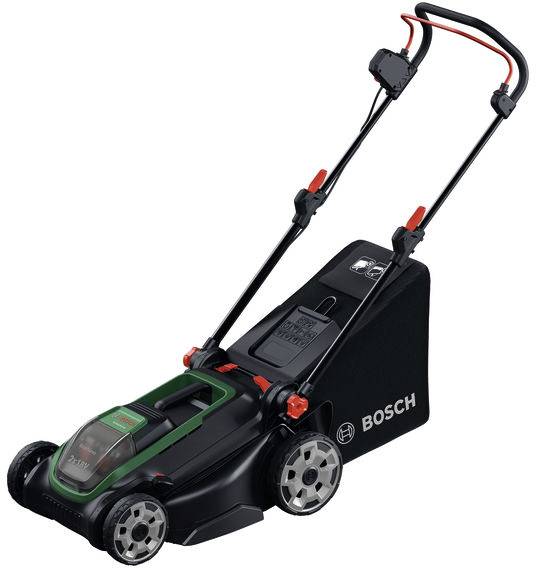 Ein schwarzer und grüner Rasenmäher von Bosch mit einem großen Heckgrassammler, der ein modernes Design und ergonomische Griffe für einfache Bedienung zeigt.