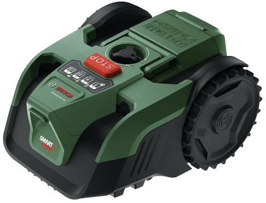 Ein grüner robotischer Rasenmäher mit einer 'STOPP'-Taste, Bedienfeld und großen motorisierten Rädern, die für automatisiertes Rasenmähen ausgelegt sind.