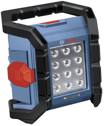 Ein tragbares blaues Bosch-LED-Arbeitsleuchte mit schwarzem Rahmen und roten Akzenten, mit einer rechteckigen Leuchte mit zwölf LED-Birnen.