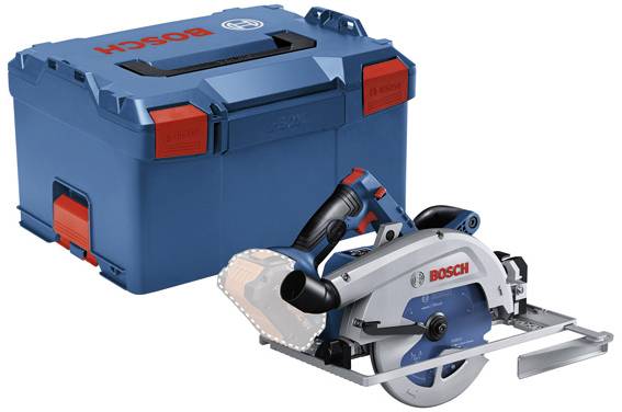 Ein Bosch-Kreissägeblatt wird neben einem rechteckigen blauen Transportkoffer mit roten Verschlüssen präsentiert, was Mobilität und Lagerung suggeriert.