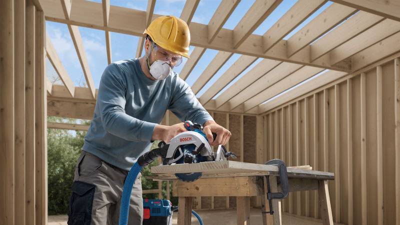 Ein Bauarbeiter mit gelbem Schutzhelm und Gesichtsmaske nutzt eine Kreissäge, um Holz in einem teilweise konstruierten Holzgebäude zu schneiden.