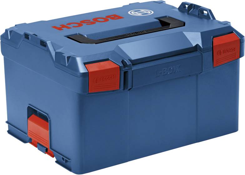 Eine blaue Bosch L-Boxx Lagerkiste mit schwarzem Griff und roten Verschlüssen zum Organisieren und Transportieren von Werkzeugen.