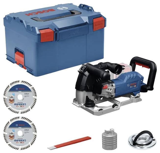 Bosch-Elektrowerkzeugsatz mit blauem Transportkoffer, tragbare Betontrennschleifer, zwei Diamanttrennscheiben, Schraubenschlüssel, Gewicht und Metallspannvorrichtungszubehör.