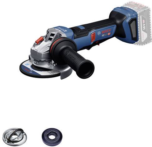 Kabelloses Winkelschleifer mit ergonomischem Design, Gummigriffgriff und leichtem Akkupack. Enthält zusätzliche Scheiben und Komponenten.