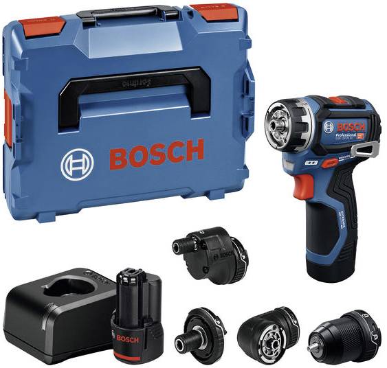 Bosch Bohrerset mit blauem Transportkoffer, Bohrmaschine, Akku, Ladegerät und verschiedenen Bohrköpfen.