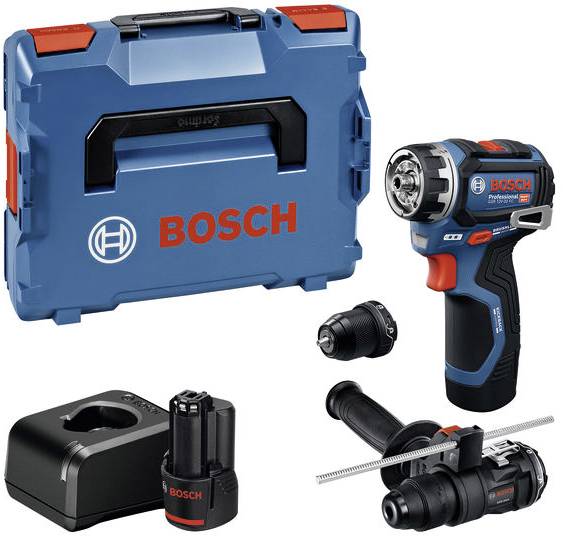 Ein kompaktes Bosch-Akku-Bohrset in einem blauen Tragekoffer mit Ersatzbatterie, Ladegerät und abnehmbarem Griff für verbesserte Kontrolle.