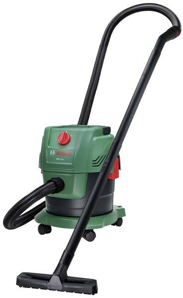 Ein grüner und schwarzer Staubsauger mit langem Schlauch und rotem Bedienungsknopf.
