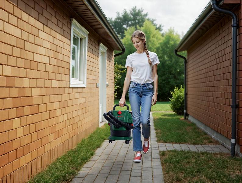 Eine Frau geht auf einem gepflasterten Weg zwischen zwei Backsteingebäuden und trägt ein grünes und schwarzes Gartengerät. Sie ist leger gekleidet und lächelt.