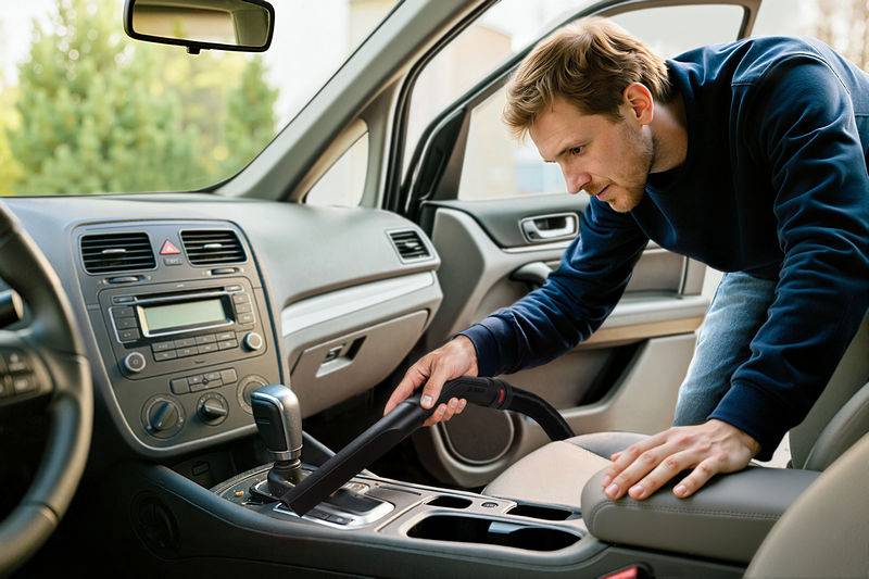 Eine Person, die das Innere eines Autos staubsaugt und sich auf den mittleren Konsolenbereich konzentriert, was auf Sauberkeit und Sorgfalt hin deutet.