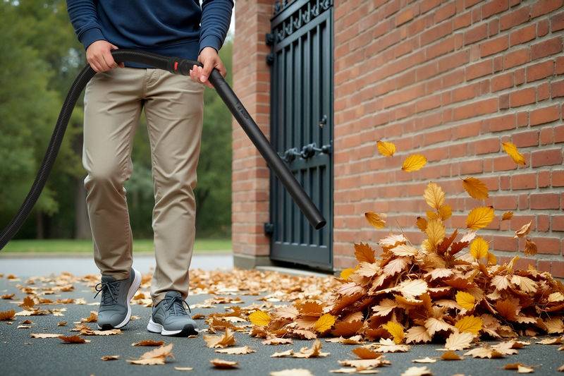 Eine Person benutzt ein Laubgebläse, um gefallene Herbstblätter in der Nähe eines Ziegelbauwerks zu sammeln.