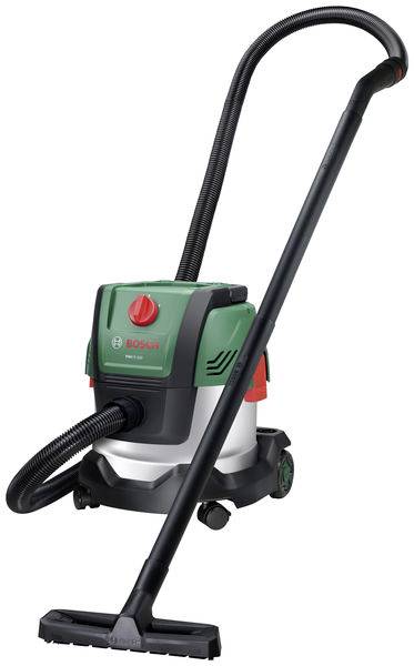 Ein grüner und schwarzer Staubsauger mit Schlauch und breiter Düsenaufsatz, geeignet für Reinigungsaufgaben im Haushalt.