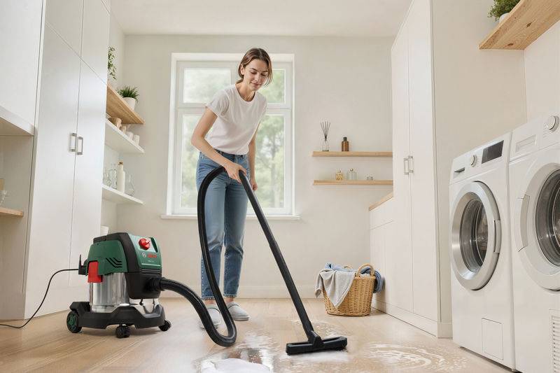Eine Person, die mit einem Nass-Trocken-Staubsauger eine Verschüttung auf einem Holzboden in einem Waschraum mit Regalen, einem Fenster und Waschmaschinen absaugt.