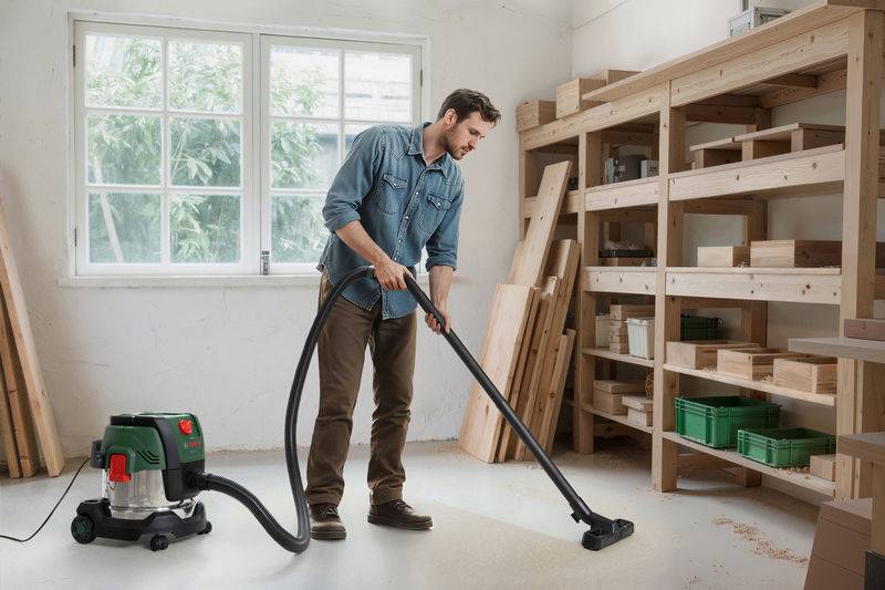Ein Mann benutzt einen Staubsauger in einer Werkstatt mit hölzernen Regalen. Es ist ein heller Raum mit großen Fenstern und organisierten Lagermaterialien.