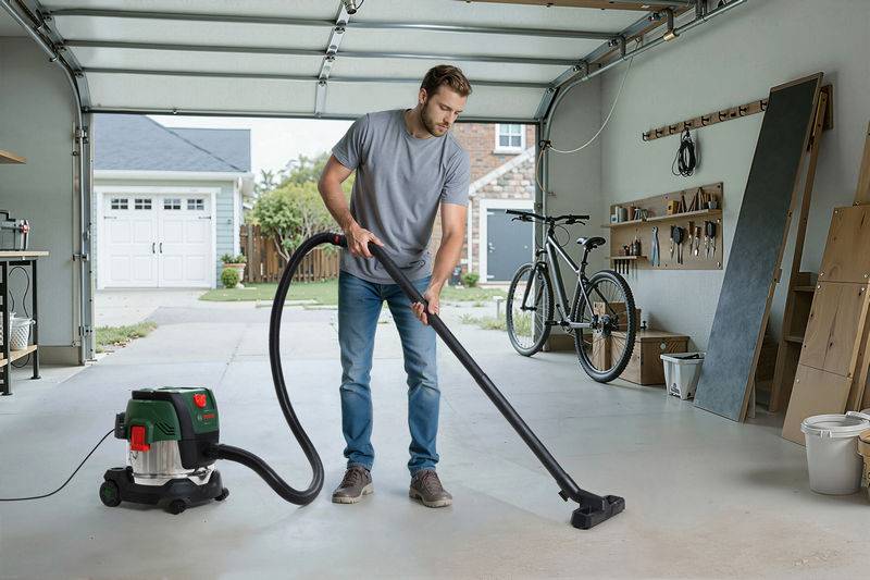 Ein Mann in einem grauen T-Shirt und einer Jeans saugt den Boden einer Garage ab. Ein Fahrrad ist an der Wand montiert, und verschiedene Werkzeuge sind in der Nähe ordentlich organisiert.