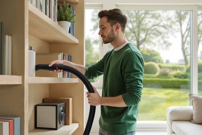 Eine Person in einem grünen Pullover benutzt einen Staubsauger, um ein Bücherregal in einem gut beleuchteten Raum zu reinigen, wobei ein Garten außerhalb des Fensters sichtbar ist.