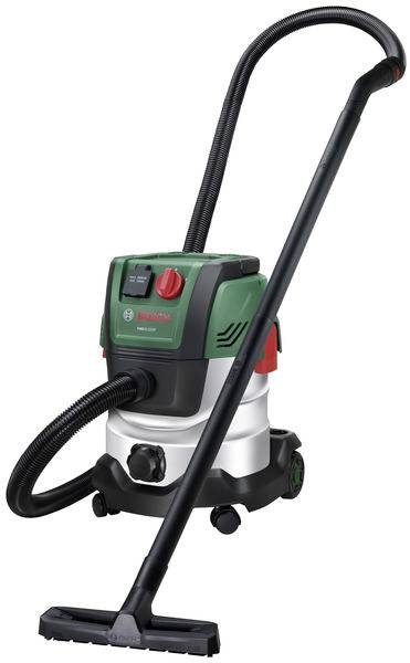 Ein grüner und schwarzer Staubsauger mit einem langen Schlauch und einer Bodendüse, entwickelt für vielseitige Reinigungsaufgaben in privaten Haushalten und leichten Industrieumgebungen.