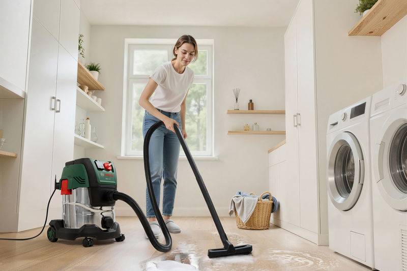 Eine Person saugt einen nassen Boden in einem Waschkeller mit einem Staubsauger ab. Der Raum hat Regale, eine Waschmaschine und einen Korb.