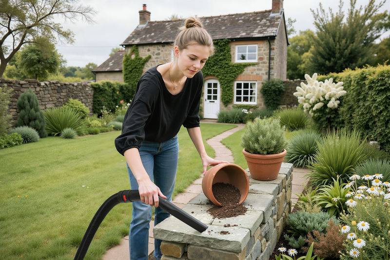 Eine Frau in lockerer Kleidung arbeitet im Garten und gießt Erde aus einem Blumentopf auf eine Steinleiste, während ein gemütliches Steinhaus im Hintergrund zu sehen ist.