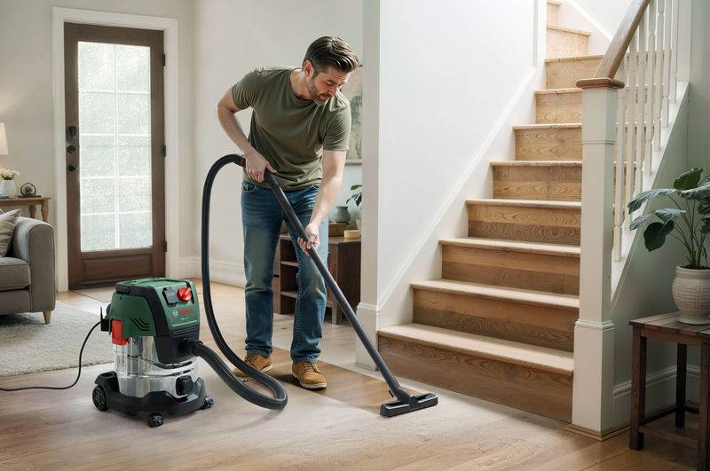 Eine Person saugt einen Holzboden neben einer Treppe in einem hell beleuchteten Wohnzimmer mit einem grün-schwarzen Staubsauger ab.