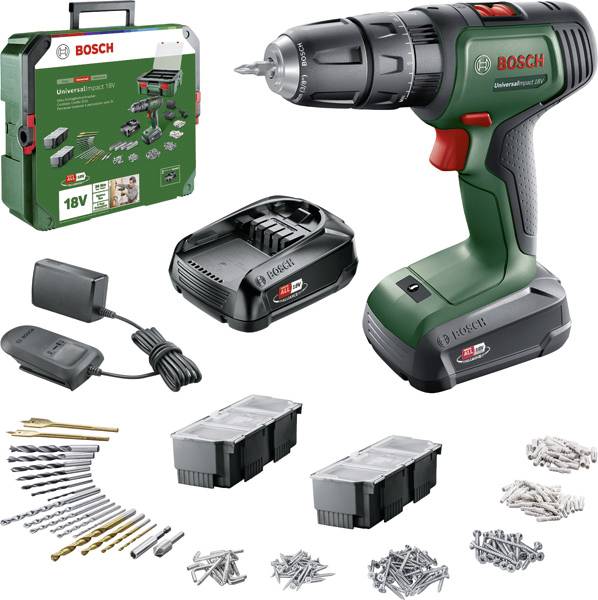 Bosch Universal Impact 18V Bohrmaschinen-Set mit Ladegerät, Akku, Bohrern, Schrauben und Dübeln um das Gerät herum angeordnet.