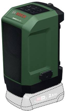 Tragbarer grüner Bosch-Lautsprecher mit Steuertasten oben, auf einer konzeptionellen 2,5-Ah-Batteriebasis sitzend.