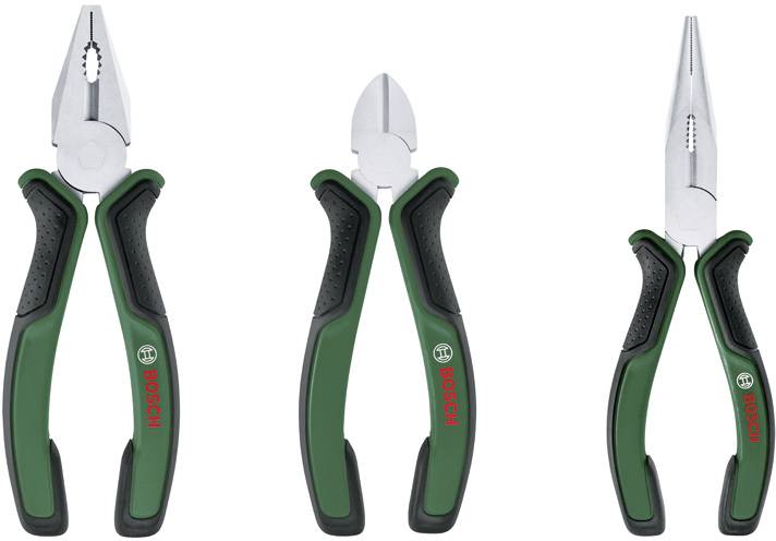 Drei Bosch-Handwerkzeuge: Kombinationszange, Seitenschneider und Spitzzange, jeweils mit grünen und schwarzen Griffen und roter Kennzeichnung.