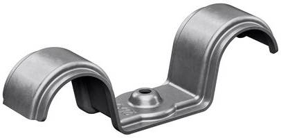 Eine Metallsattelschelle mit zentralem Bogen und zwei Befestigungsbeinen, verwendet zum Sichern von Rohren oder Stangen.