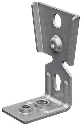 Metallisches L-förmiges Winkelblech mit zwei Löchern an der Basis und einem Loch im vertikalen Bereich; üblicherweise zum Verbinden oder Stützen verwendet.