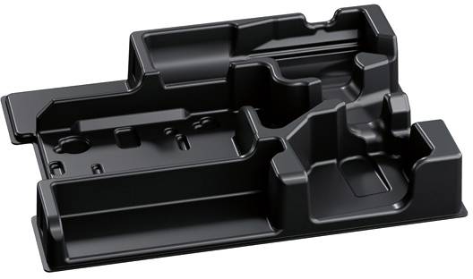 Ein schwarzes Kunststoff-Tablett mit mehreren Fächern unterschiedlicher Formen und Größen, möglicherweise zum Organisieren oder Aufbewahren bestimmter Gegenstände.