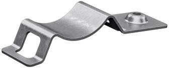 Ein Metallspannclip mit wellenförmigem Design und einem Befestigungsloch an einem Ende, verwendet zum Sichern von Metallkacheldächern.