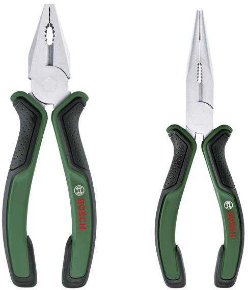 Zwei Zangen mit grünen und schwarzen Griffen; eine mit stumpfer Spitze und eine mit Spitzenzange. Beide sind mit einem Logo und Text gekennzeichnet.