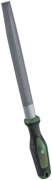 Eine Metallfei­le mit schwarzem und grünem Griff, die zum Glätten von Oberflächen konzipiert ist. Der Griff verfügt über eine strukturierte Griffoberfläche für bessere Kontrolle.