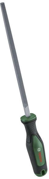 Eine Feile mit rechteckiger Stahlschiene und schwarzem sowie grünem ergonomischem Griff.